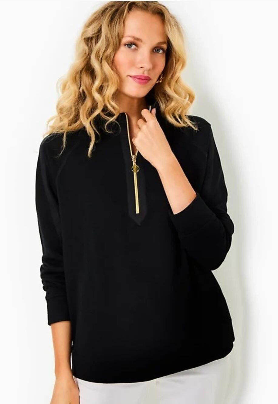 Lilly Pulitzer Ashlee Slub 1/4 Zip Pullover Noir Black S Terry Knit Mock Neck